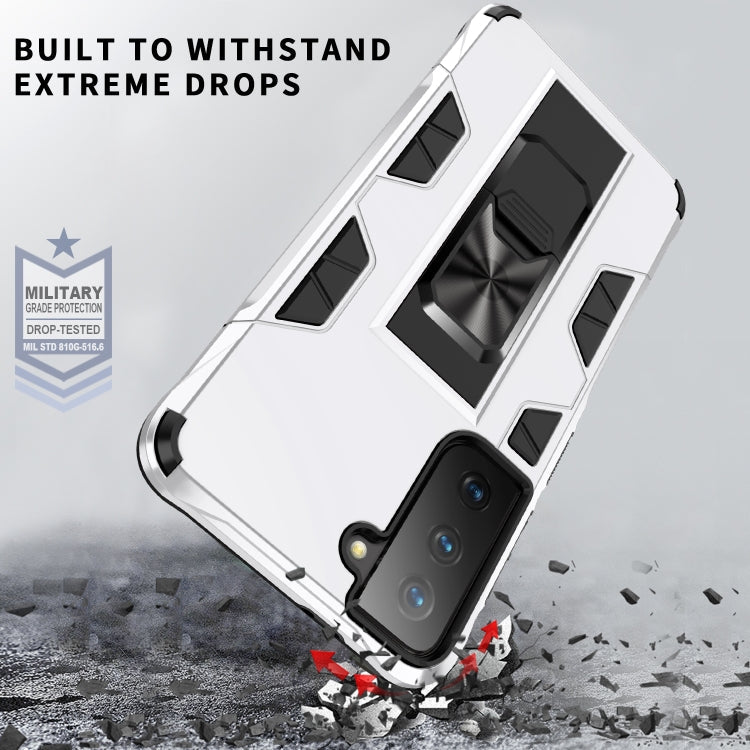For Samsung Galaxy S21 FE Soldier Armor Shockproof TPU + PC Magnetic Protective Case with Holder(White)