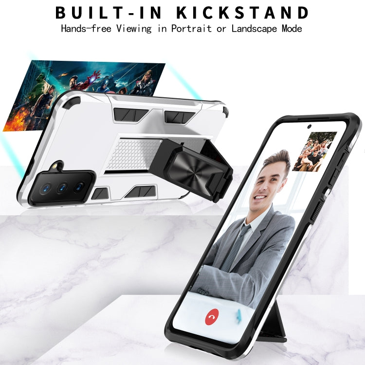 For Samsung Galaxy S21 FE Soldier Armor Shockproof TPU + PC Magnetic Protective Case with Holder(White)