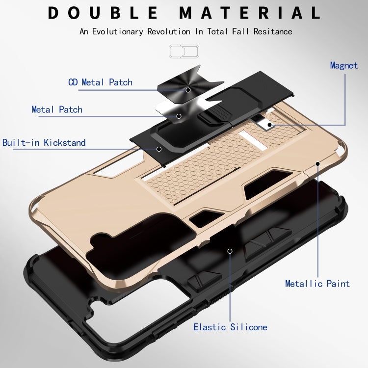 For Samsung Galaxy S21 FE Soldier Armor Shockproof TPU + PC Magnetic Protective Case with Holder(Gold)