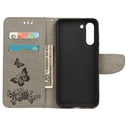 For Samsung Galaxy S21 FE Butterflies Embossing Horizontal Flip Leather Case with Holder & Card Slots & Wallet(Grey)