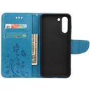 For Samsung Galaxy S21 FE Butterfly Flower Pattern Horizontal Flip Leather Case with Holder & Card Slots & Wallet(Blue)