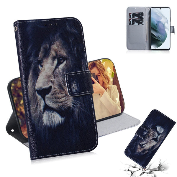 For Samsung Galaxy S21 FE Coloured Drawing Horizontal Flip Leather Case, with Holder & Card Slots & Wallet(Lion)
