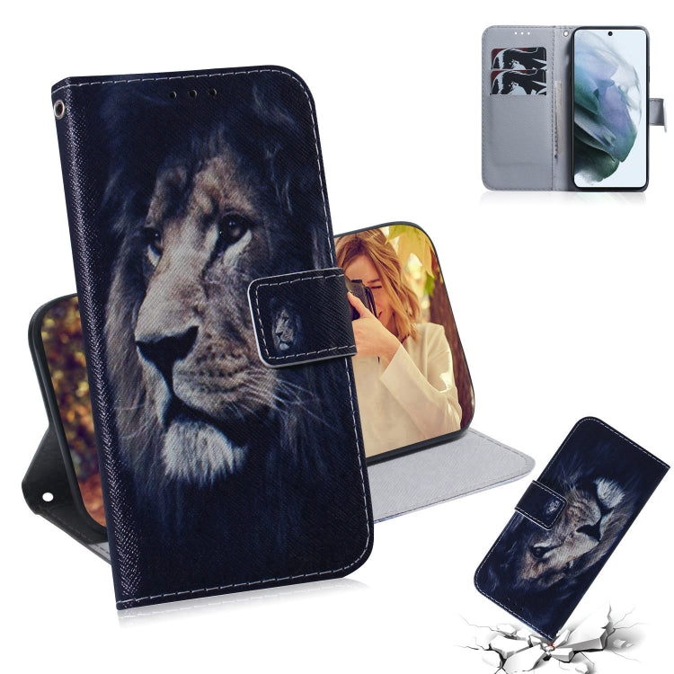 For Samsung Galaxy S21 FE Coloured Drawing Horizontal Flip Leather Case, with Holder & Card Slots & Wallet(Lion)