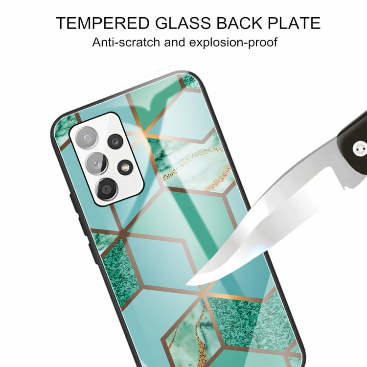 For Samsung Galaxy A32 4G (EU Version) Abstract Marble Pattern Glass Protective Case(Rhombus Green)