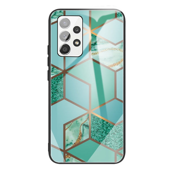 For Samsung Galaxy A32 4G (EU Version) Abstract Marble Pattern Glass Protective Case(Rhombus Green)