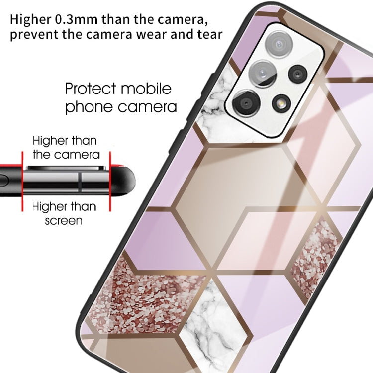 For Samsung Galaxy A32 4G (EU Version) Abstract Marble Pattern Glass Protective Case(Rhombus Orange Purple)