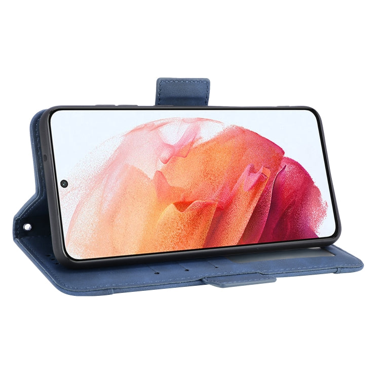 For Samsung Galaxy S21 FE Skin Feel Calf Pattern Horizontal Flip Leather Case with Holder & Card Slots & Photo Frame(Blue)