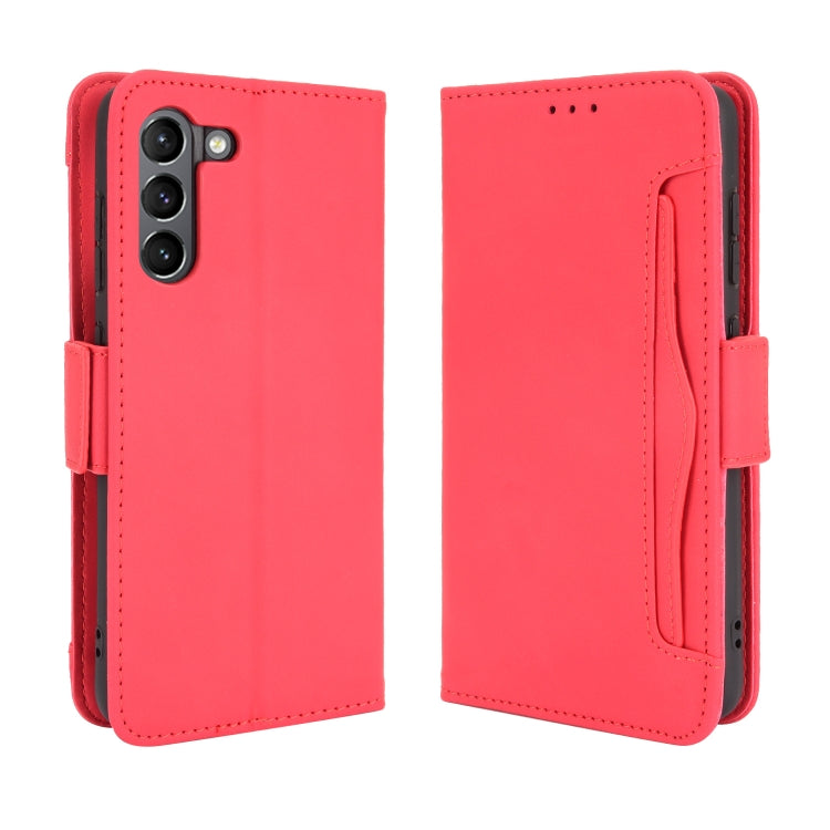 For Samsung Galaxy S21 FE Skin Feel Calf Pattern Horizontal Flip Leather Case with Holder & Card Slots & Photo Frame(Red)