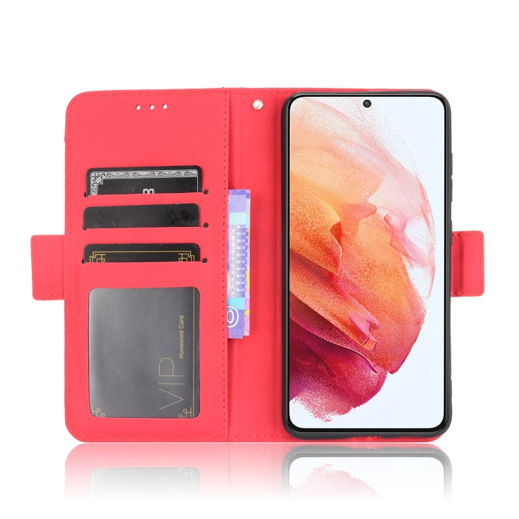 For Samsung Galaxy S21 FE Skin Feel Calf Pattern Horizontal Flip Leather Case with Holder & Card Slots & Photo Frame(Red)