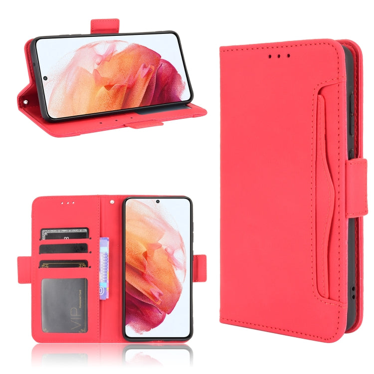 For Samsung Galaxy S21 FE Skin Feel Calf Pattern Horizontal Flip Leather Case with Holder & Card Slots & Photo Frame(Red)