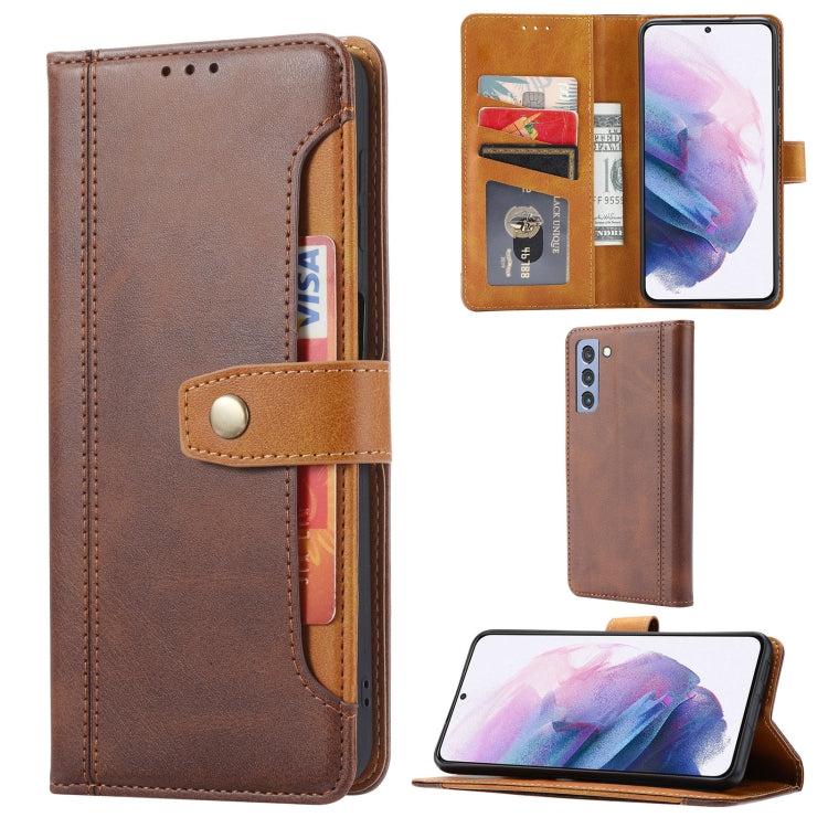 For Samsung Galaxy S21 FE Calf Texture Double Fold Clasp Horizontal Flip Leather Case with Photo Frame & Holder & Card Slots & Wallet(Brown)