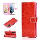 For Samsung Galaxy S21 FE Glitter Powder Horizontal Flip Leather Case with Card Slots & Holder & Photo Frame & Wallet(Red)