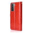 For Samsung Galaxy S21 FE Glitter Powder Horizontal Flip Leather Case with Card Slots & Holder & Photo Frame & Wallet(Red)