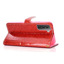 For Samsung Galaxy S21 FE Glitter Powder Horizontal Flip Leather Case with Card Slots & Holder & Photo Frame & Wallet(Red)
