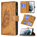 For Samsung Galaxy S21 FE Flying Butterfly Embossing Pattern Zipper Horizontal Flip Leather Case with Holder & Card Slots & Wallet(Brown)