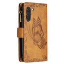 For Samsung Galaxy S21 FE Flying Butterfly Embossing Pattern Zipper Horizontal Flip Leather Case with Holder & Card Slots & Wallet(Brown)