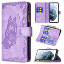 For Samsung Galaxy S21 FE Flying Butterfly Embossing Pattern Zipper Horizontal Flip Leather Case with Holder & Card Slots & Wallet(Purple)