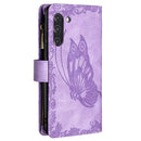 For Samsung Galaxy S21 FE Flying Butterfly Embossing Pattern Zipper Horizontal Flip Leather Case with Holder & Card Slots & Wallet(Purple)