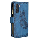 For Samsung Galaxy S21 FE Flying Butterfly Embossing Pattern Zipper Horizontal Flip Leather Case with Holder & Card Slots & Wallet(Blue)