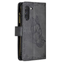 For Samsung Galaxy S21 FE Flying Butterfly Embossing Pattern Zipper Horizontal Flip Leather Case with Holder & Card Slots & Wallet(Black)