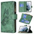For Samsung Galaxy S21 FE Flying Butterfly Embossing Pattern Zipper Horizontal Flip Leather Case with Holder & Card Slots & Wallet(Green)