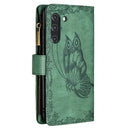 For Samsung Galaxy S21 FE Flying Butterfly Embossing Pattern Zipper Horizontal Flip Leather Case with Holder & Card Slots & Wallet(Green)