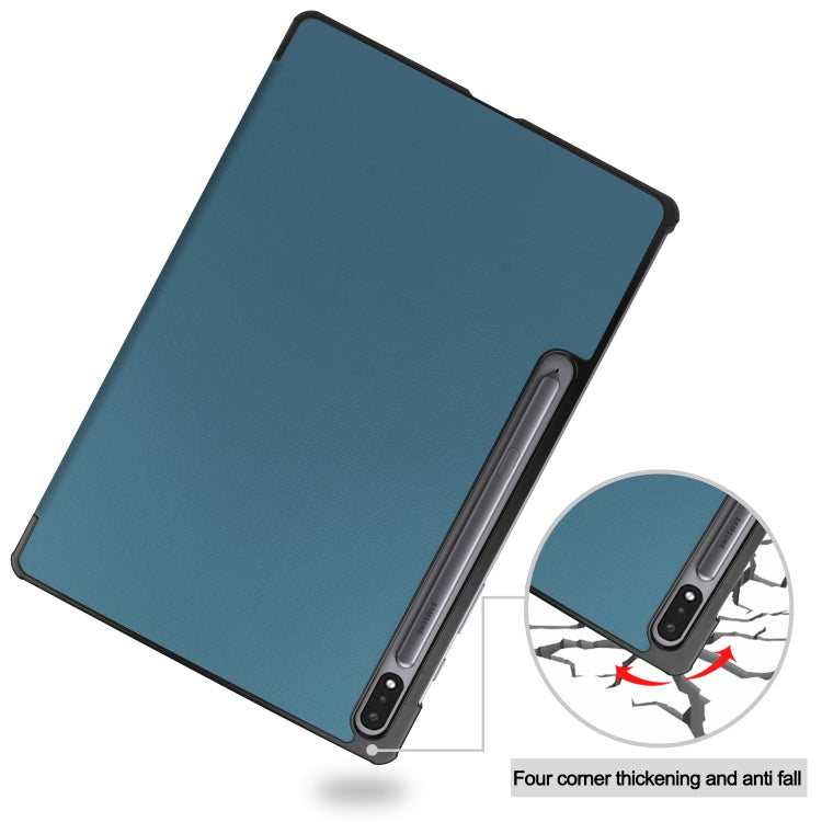 For Samsung Galaxy Tab S7 Lite T730 / T735 / Tab S7 FE T736 Custer Texture Horizontal Flip Leather Case with Three-folding Holder & Sleep / Wake-up Function(Dark Green)