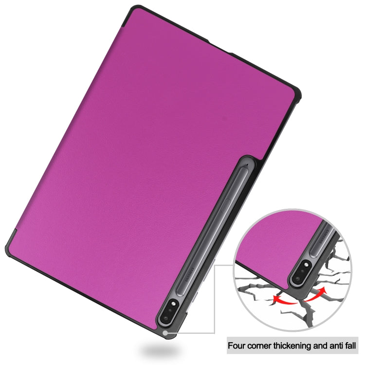 For Samsung Galaxy Tab S7 Lite T730 / T735 / Tab S7 FE T736 Custer Texture Horizontal Flip Leather Case with Three-folding Holder & Sleep / Wake-up Function(Purple)