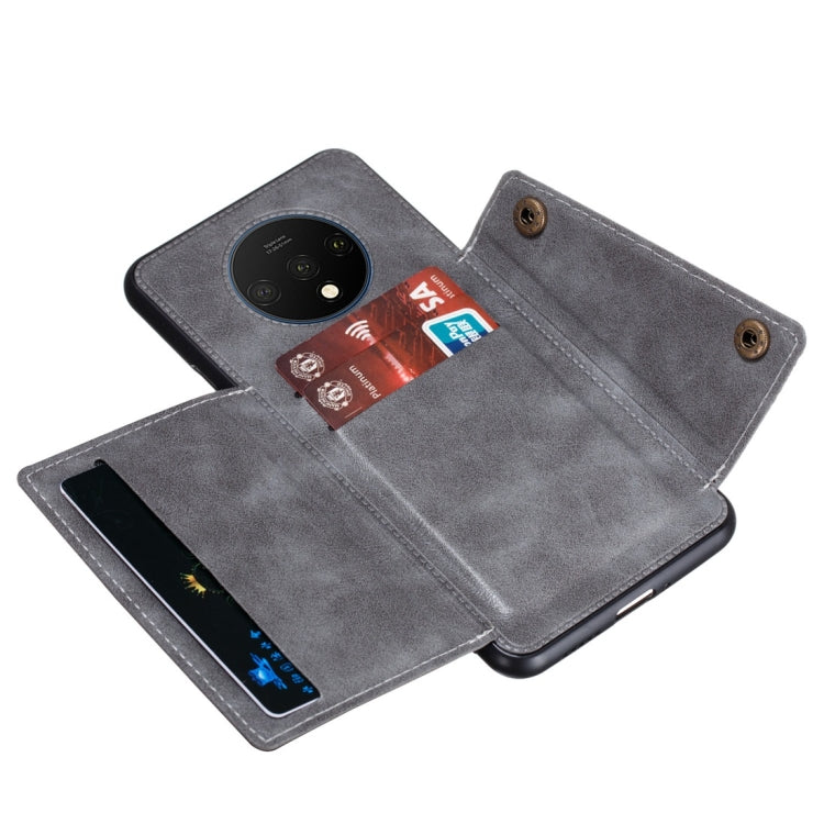 For OnePlus 7T Shockproof Magnetic PU + TPU Protective Case with Card Slots(Grey)