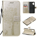 For Samsung Galaxy A32 4G Tree & Cat Pattern Pressed Printing Horizontal Flip PU Leather Case with Holder & Card Slots & Wallet & Lanyard(Gold)
