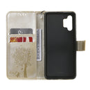 For Samsung Galaxy A32 4G Tree & Cat Pattern Pressed Printing Horizontal Flip PU Leather Case with Holder & Card Slots & Wallet & Lanyard(Gold)