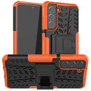 For Samsung Galaxy S21 FE Tire Texture Shockproof TPU+PC Protective Case with Holder(Orange)