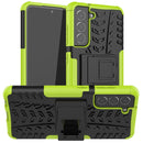 For Samsung Galaxy S21 FE Tire Texture Shockproof TPU+PC Protective Case with Holder(Green)