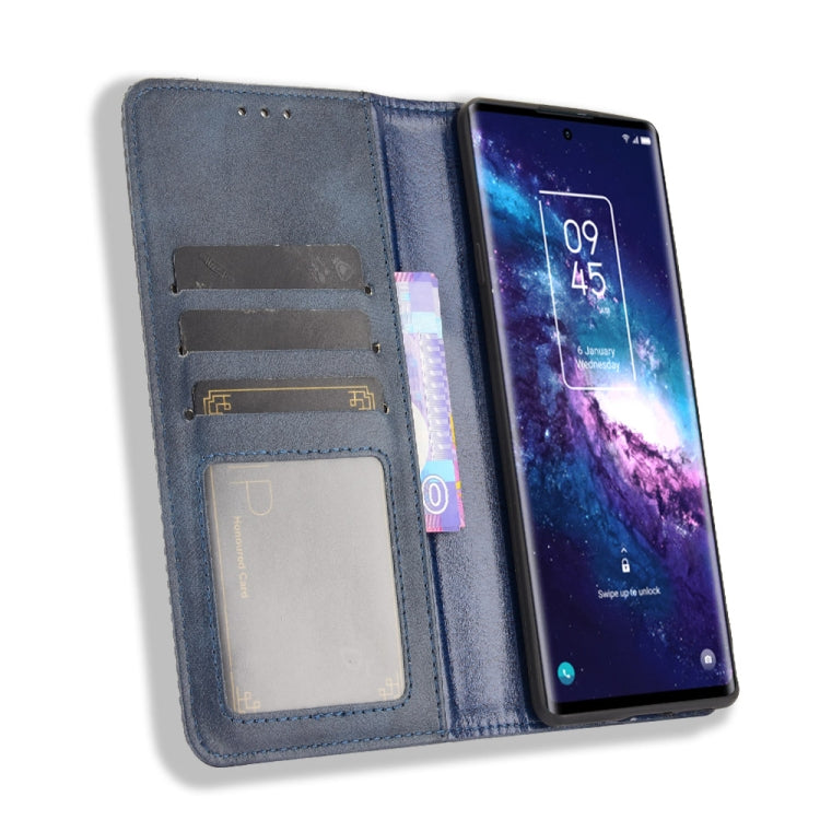 For TCL 20 Pro 5G Magnetic Buckle Retro Crazy Horse Texture Horizontal Flip Leather Case with Holder & Card Slots & Photo Frame(Blue)