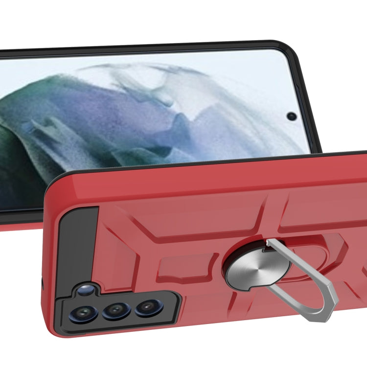 For Samsung Galaxy S21 FE War-god Armor TPU + PC Shockproof Magnetic Protective Case with Ring Holder(Red)