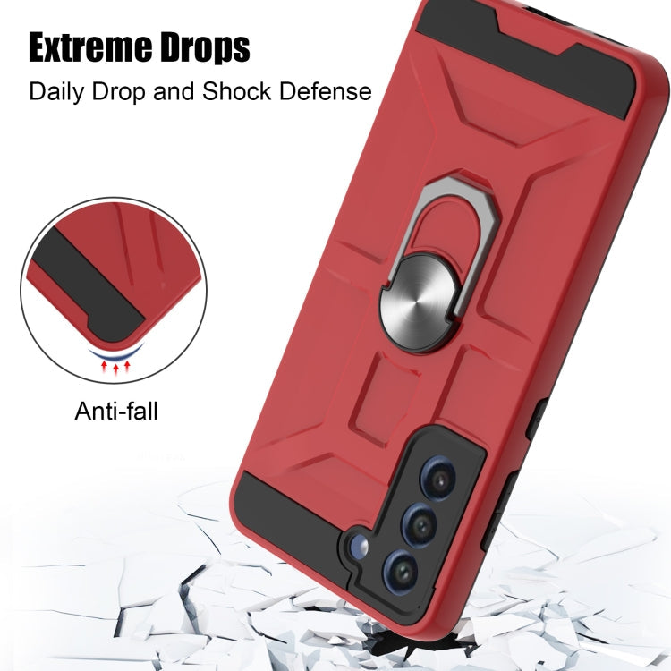 For Samsung Galaxy S21 FE War-god Armor TPU + PC Shockproof Magnetic Protective Case with Ring Holder(Red)