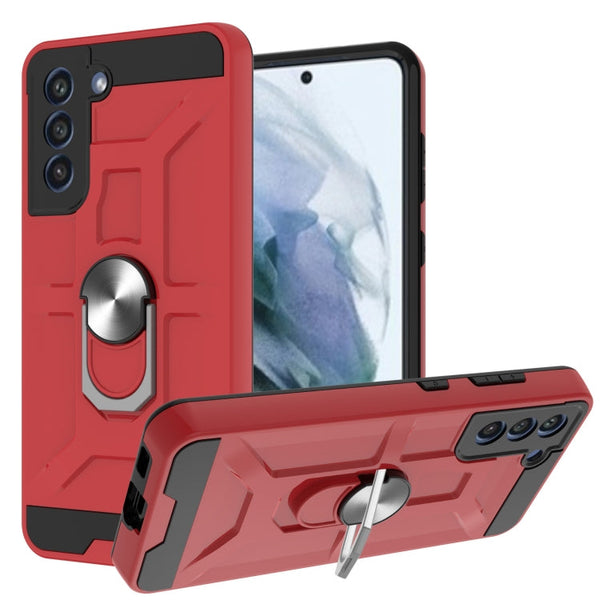 For Samsung Galaxy S21 FE War-god Armor TPU + PC Shockproof Magnetic Protective Case with Ring Holder(Red)