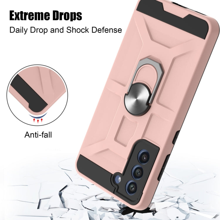 For Samsung Galaxy S21 FE War-god Armor TPU + PC Shockproof Magnetic Protective Case with Ring Holder(Rose Gold)