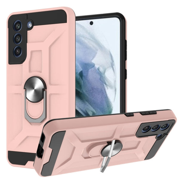 For Samsung Galaxy S21 FE War-god Armor TPU + PC Shockproof Magnetic Protective Case with Ring Holder(Rose Gold)