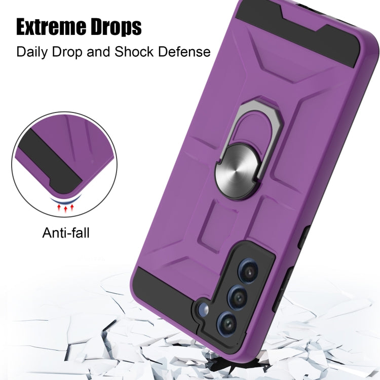 For Samsung Galaxy S21 FE War-god Armor TPU + PC Shockproof Magnetic Protective Case with Ring Holder(Purple)