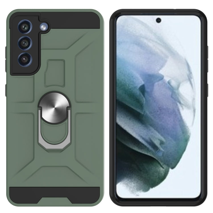 For Samsung Galaxy S21 FE War-god Armor TPU + PC Shockproof Magnetic Protective Case with Ring Holder(Deep Green)