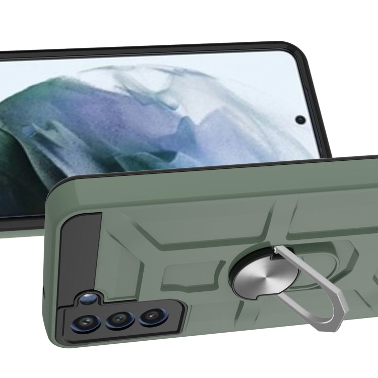 For Samsung Galaxy S21 FE War-god Armor TPU + PC Shockproof Magnetic Protective Case with Ring Holder(Deep Green)