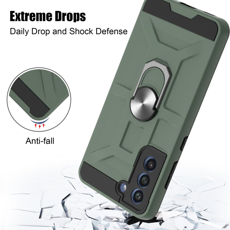 For Samsung Galaxy S21 FE War-god Armor TPU + PC Shockproof Magnetic Protective Case with Ring Holder(Deep Green)