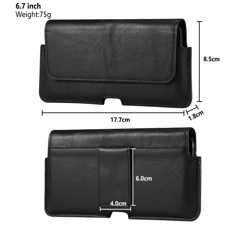 Universal Cow Leather Horizontal Mobile Phone Leather Case Waist Bag For 6.7 inch and Below Phones(Black)