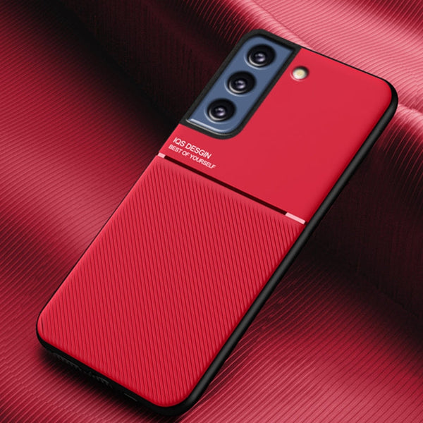 For Samsung Galaxy S21 FE Classic Tilt Strip Grain Magnetic Shockproof PC + TPU Case(Red)