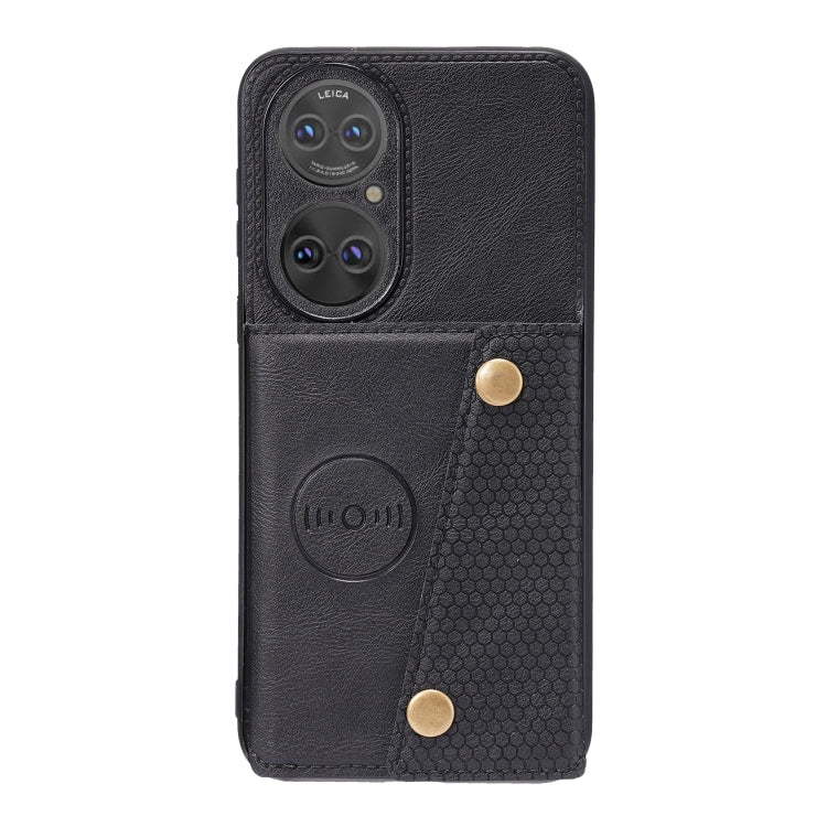 For Huawei P50 Double Buckle PU + TPU Shockproof Magnetic Protective Case with Card Slot & Holder(Black)