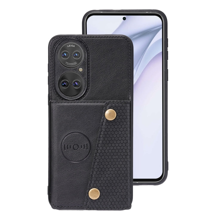For Huawei P50 Double Buckle PU + TPU Shockproof Magnetic Protective Case with Card Slot & Holder(Black)