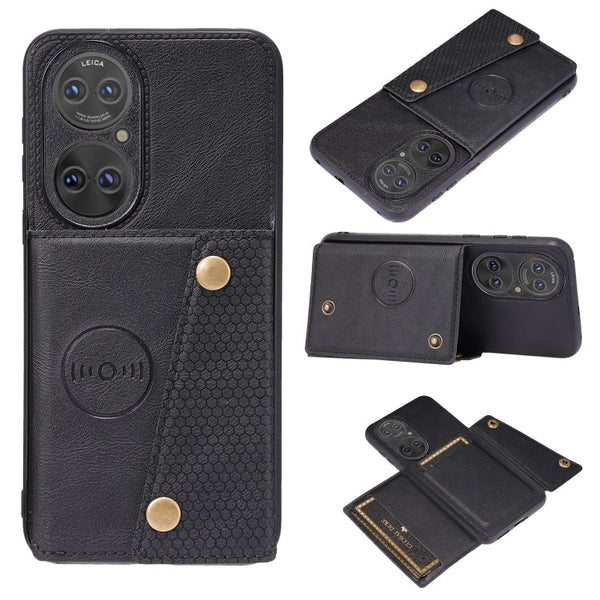 For Huawei P50 Double Buckle PU + TPU Shockproof Magnetic Protective Case with Card Slot & Holder(Black)