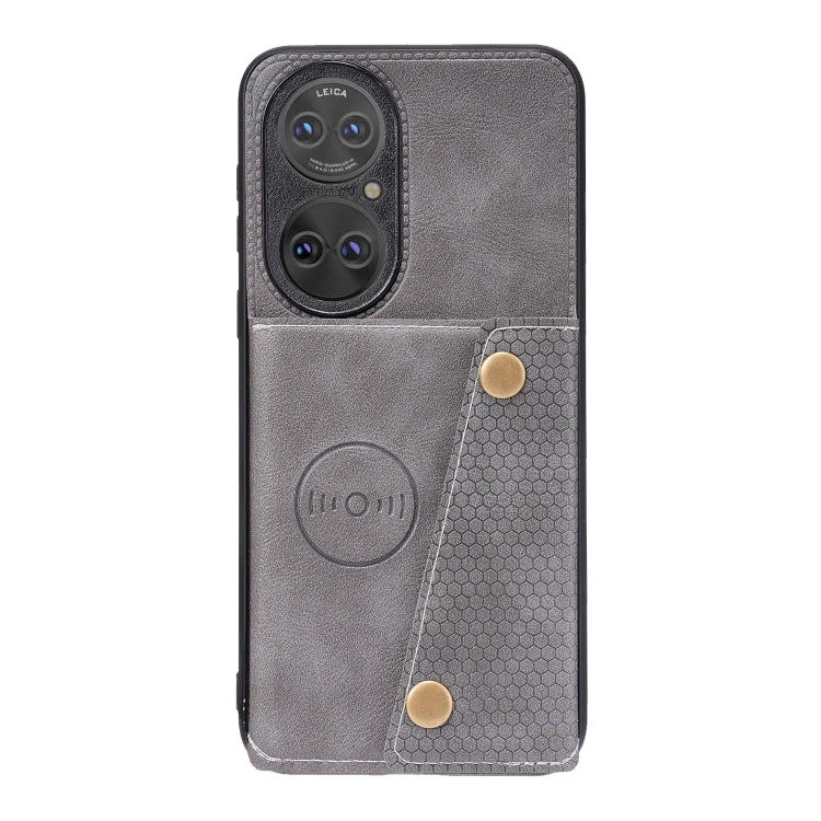 For Huawei P50 Double Buckle PU + TPU Shockproof Magnetic Protective Case with Card Slot & Holder(Grey)