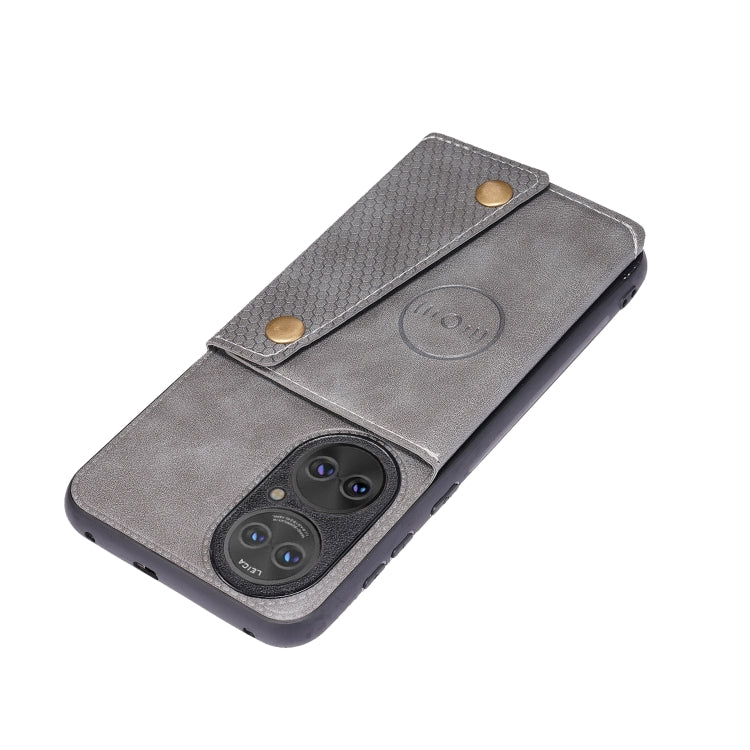 For Huawei P50 Double Buckle PU + TPU Shockproof Magnetic Protective Case with Card Slot & Holder(Grey)